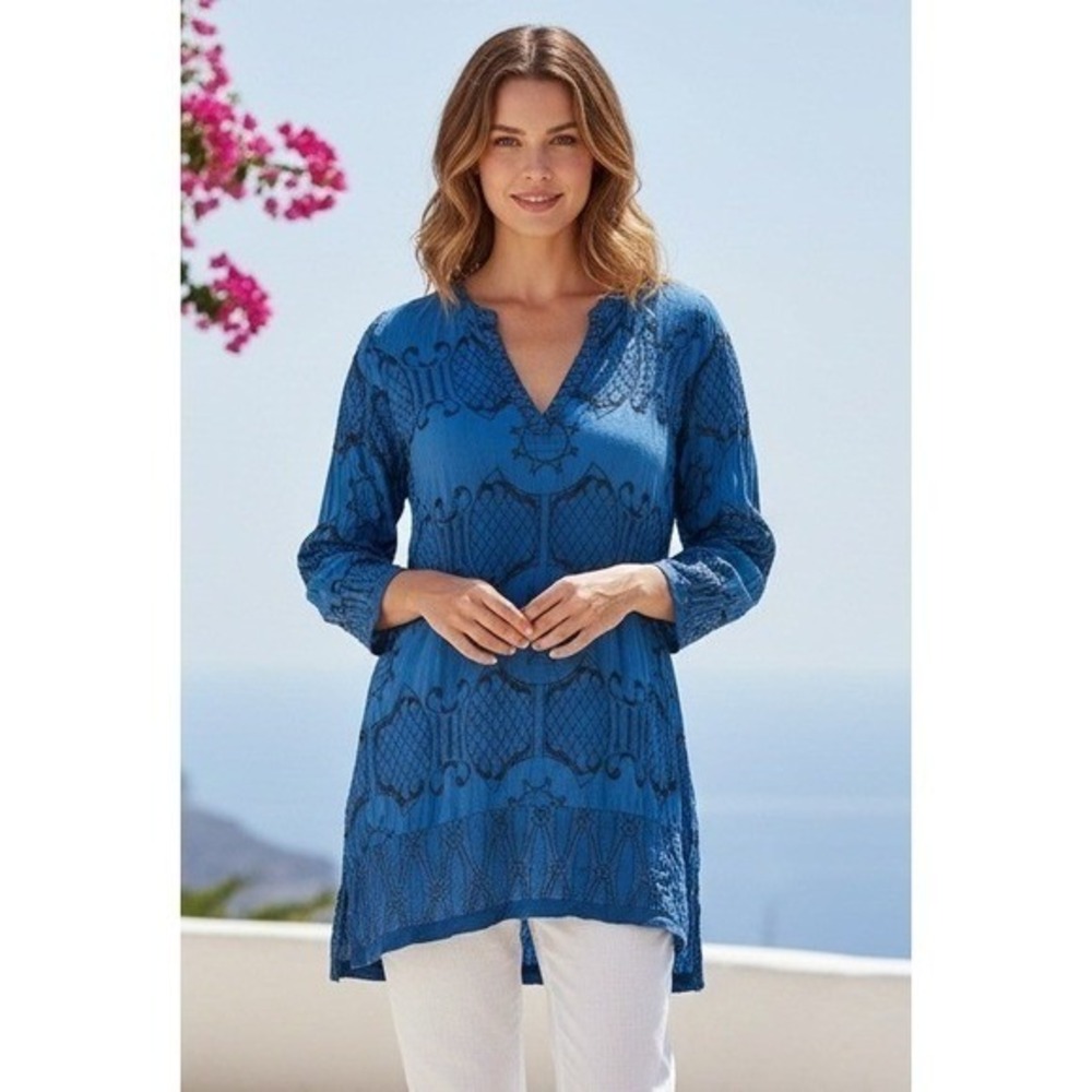 Language Top Women's Size S Geometric Long Sleeve Silk Embroidered Sheer Tunic